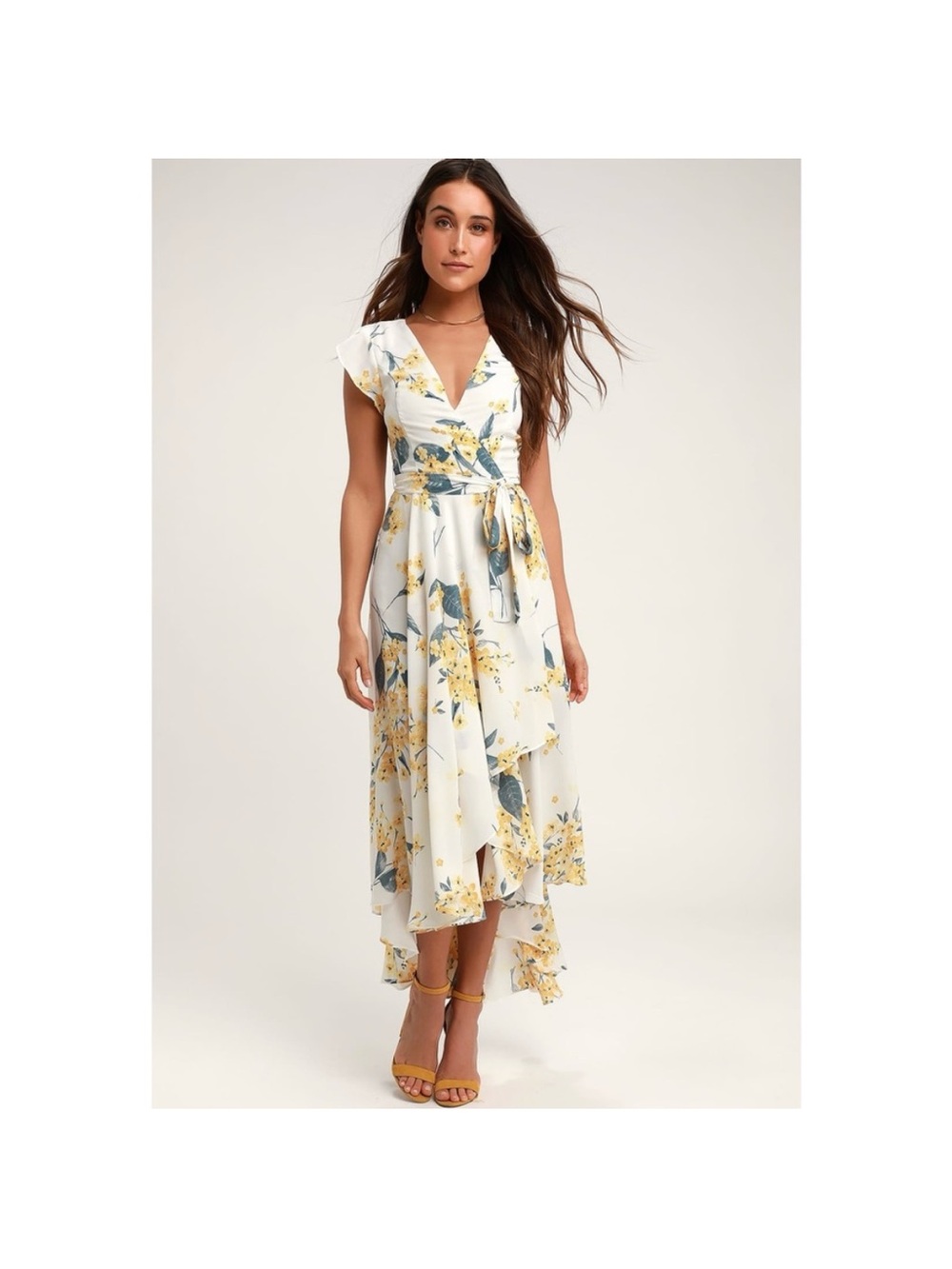 French Countryside White and Yellow Floral Print High-Low Dress